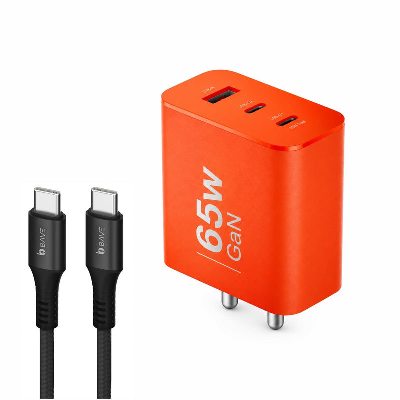 65W GaN Fast Charger with USB-C Cable | 3-Port Charger