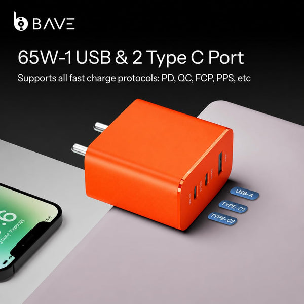 65W GaN Fast Charger with USB-C Cable | 3-Port Charger