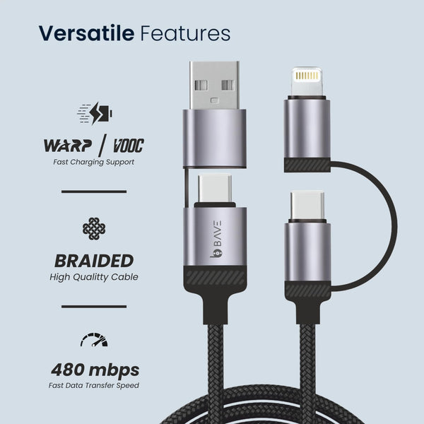 BAVE 4-in-1 100W Fast Charging Cable with USB-C & Lightning