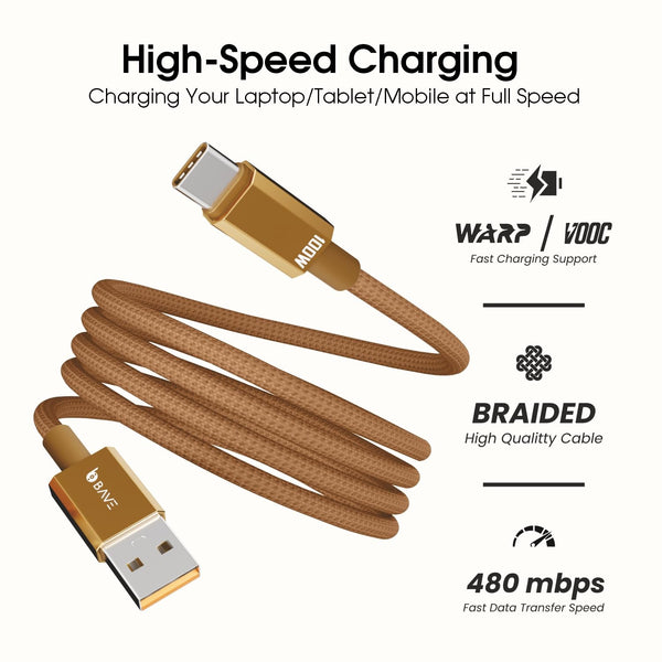 BAVE 100W USB-A to USB-C Fast Charging Braided Cable 1M