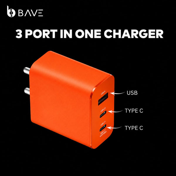 65W GaN Fast Charger with USB-C Cable | 3-Port Charger