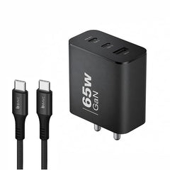 BAVE 65W GaN Trio Charger Adapter with USB-C Cable| 3Port Fast Charger| PD PPS QC Fast Charging