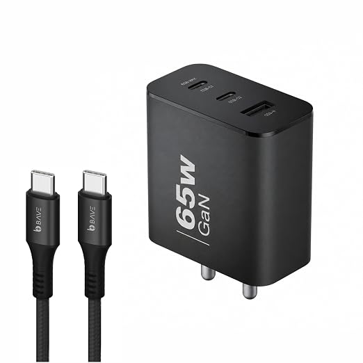 BAVE 65W GaN Trio Charger Adapter with USB-C Cable| 3Port Fast Charger| PD PPS QC Fast Charging
