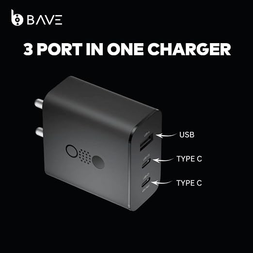 BAVE 65W GaN Trio Charger Adapter with USB-C Cable| 3Port Fast Charger| PD PPS QC Fast Charging