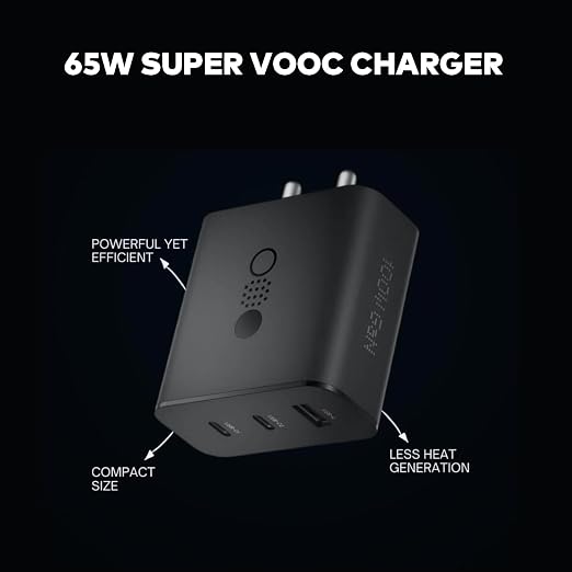 BAVE 65W GaN Trio Charger Adapter with USB-C Cable| 3Port Fast Charger| PD PPS QC Fast Charging