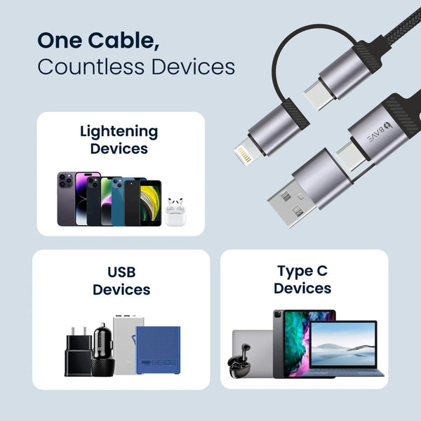 BAVE 4-in-1 100W Fast Charging Cable with USB-C & Lightning